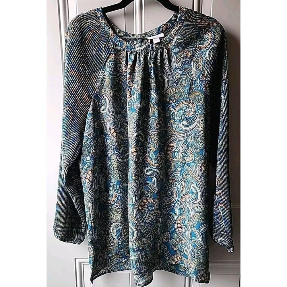 j. jill Top Blouse M Turquoise Paisley Raglan Pleated Long Sleeves Excellent